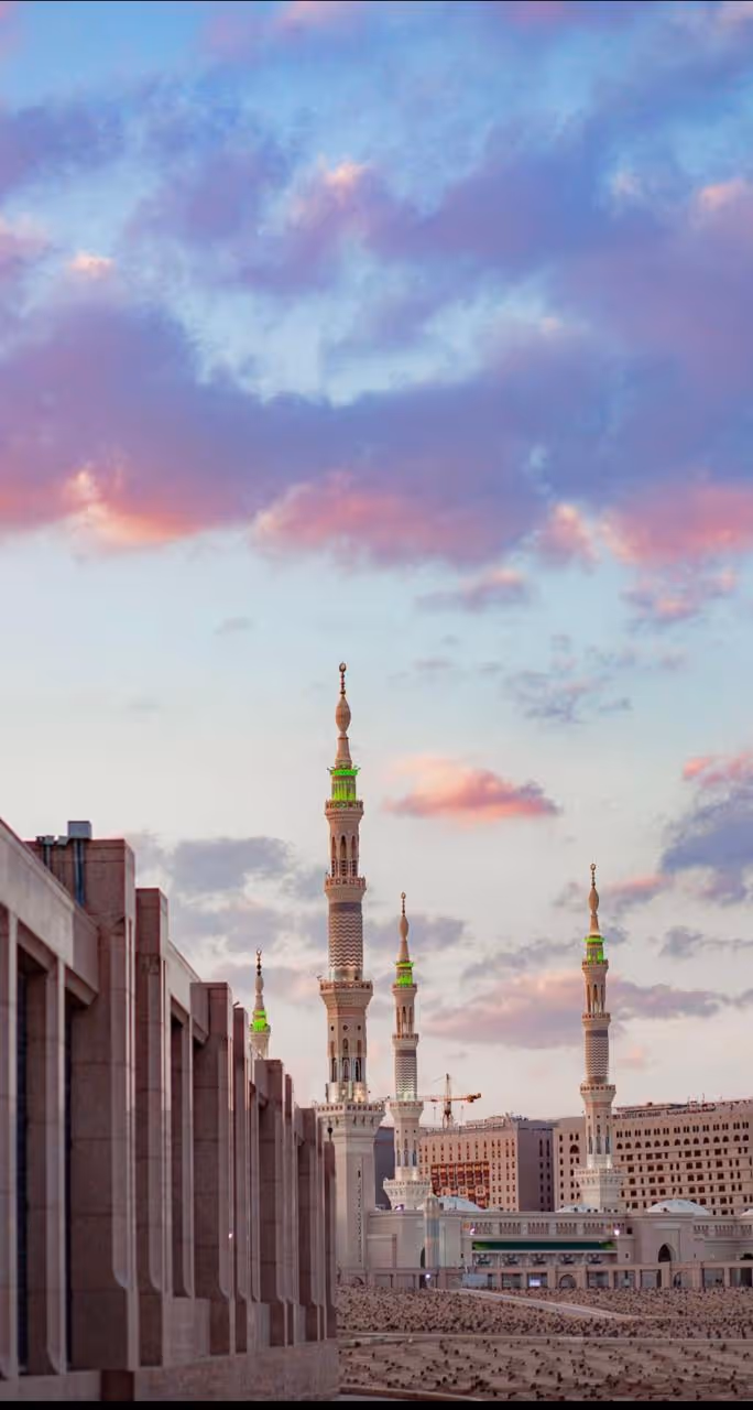 Beautiful sunset sky over the minarets of Madinah