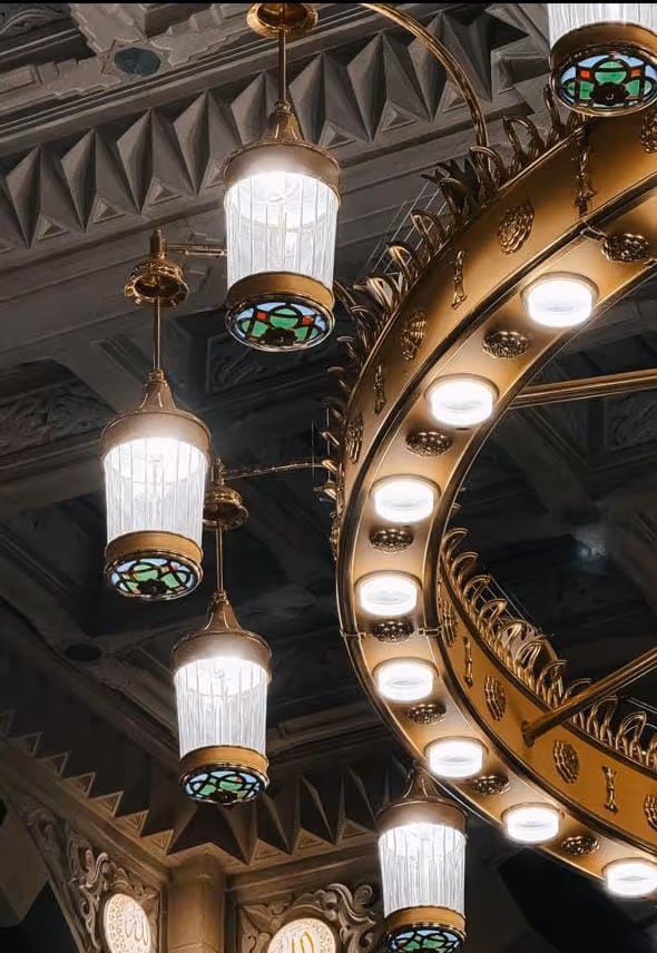 Interior chandelier and ceiling of the Prophet's Mosque